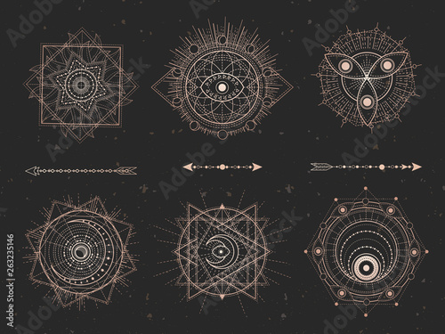 Vector set of Sacred geometric symbols and figures on black background. Gold abstract mystic signs collection.