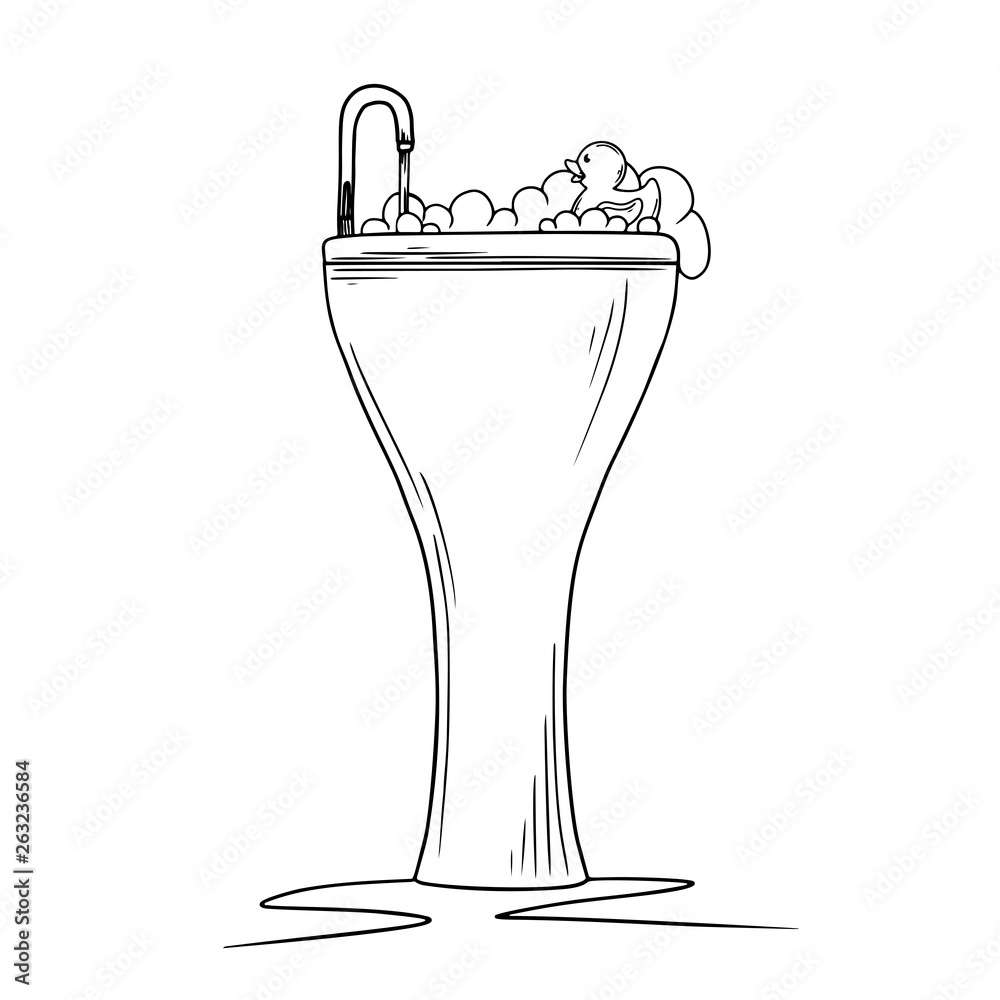 Ceramic washbasin with foam with foam and rubber duck on a white background. Cartoon sink with faucet.