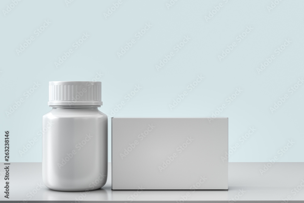 3d rendering, white medicine bottle with package boxes 3d rendering, white medicine bottle with package boxes