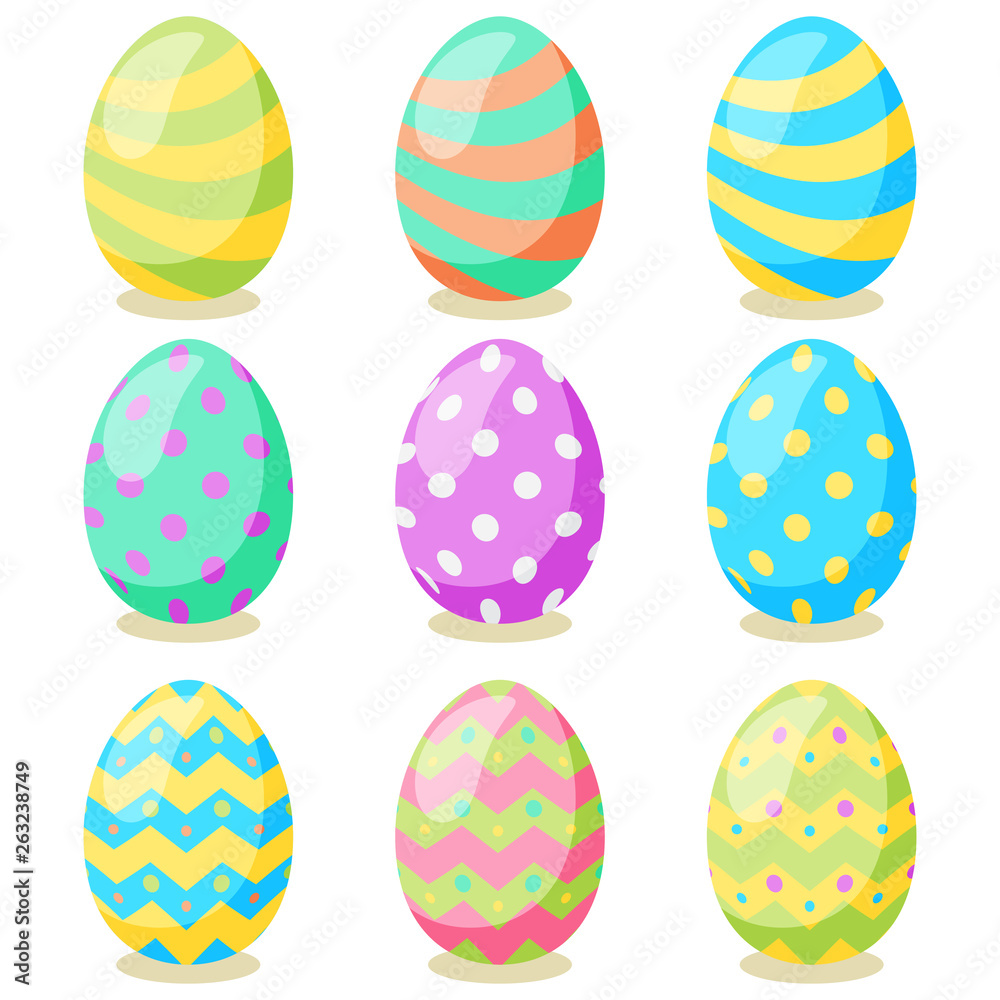Happy Easter card. Set of cute Easter eggs with different texture on a white background. Spring holiday. Vector Illustration.Happy easter eggs