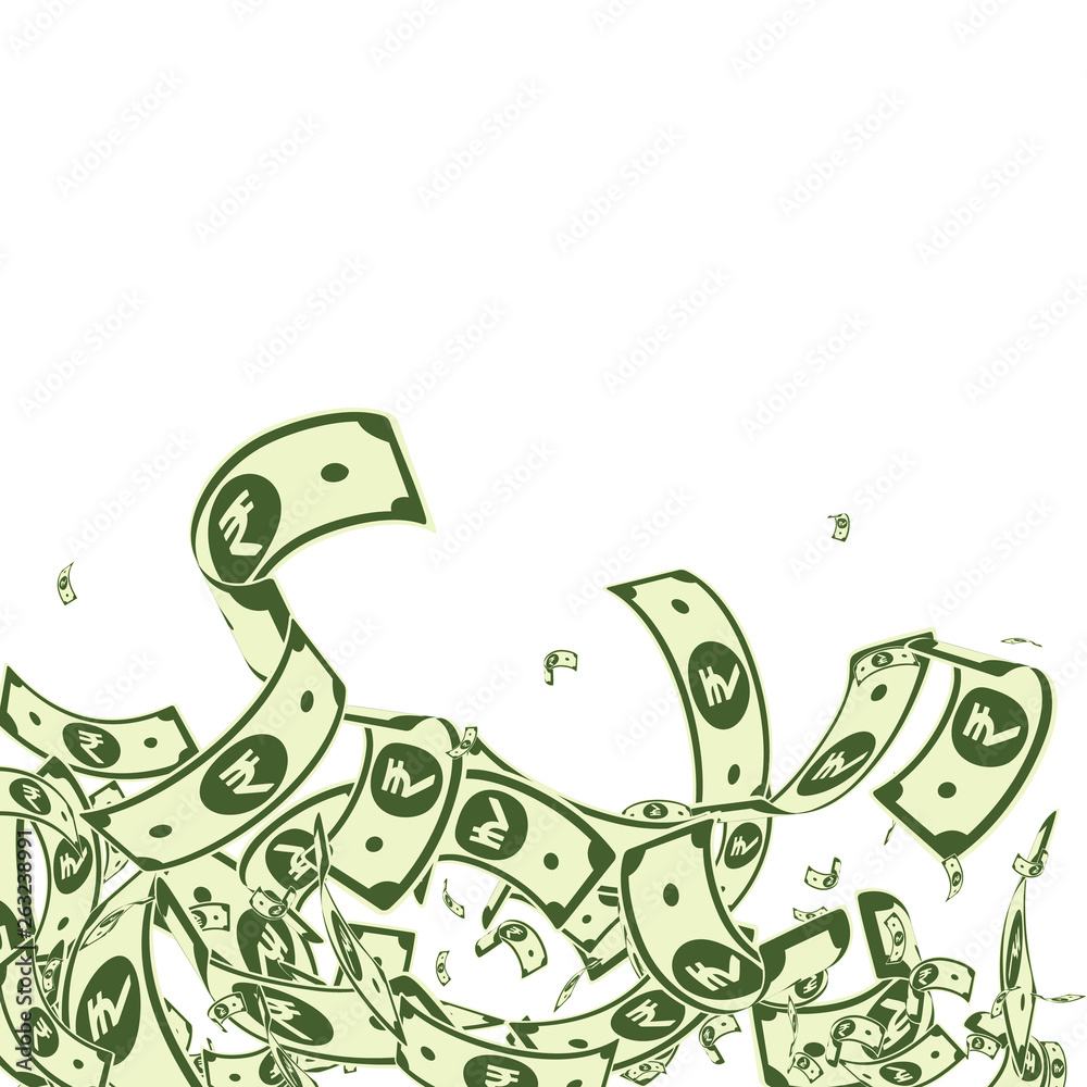 Fototapeta premium Indian rupee notes falling. Messy INR bills on whi