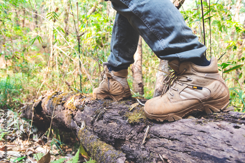 close-up hiking boots. male tourist steps on a log close-up hiking boots. male tourist steps on a log