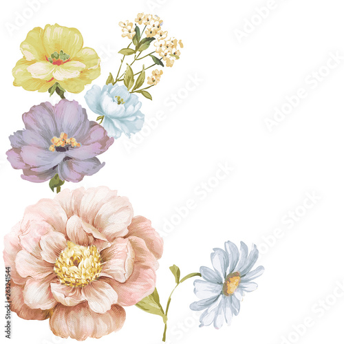 Watercolor illustration of a bouquet with a purple and delicate pink rose, leaves and bud, greeting card