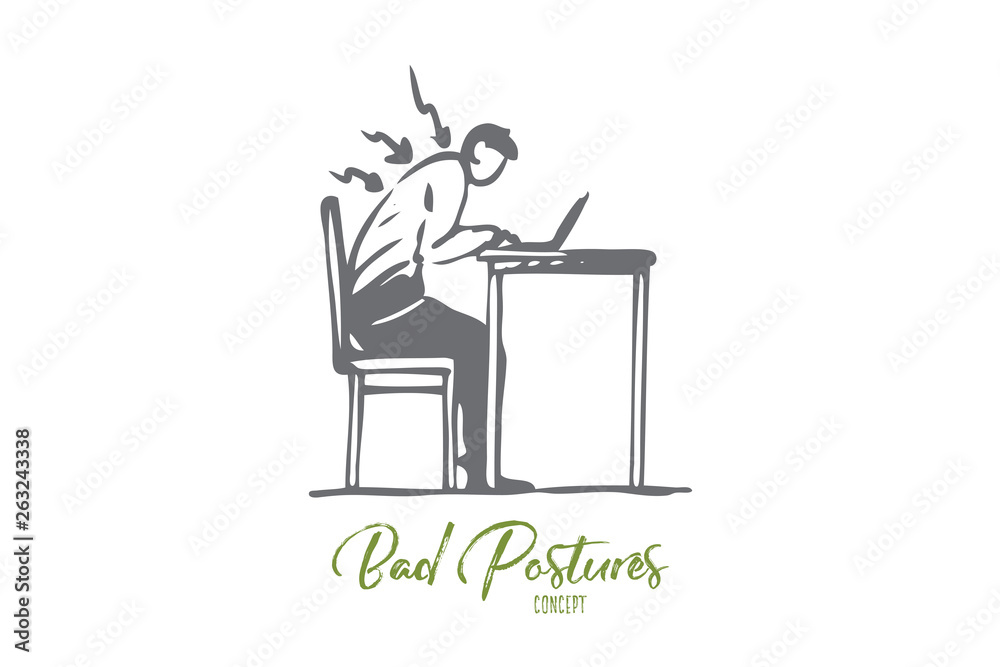 Posture, bad, spine, sit, table, wrong concept. Hand drawn isolated vector. Posture, bad, spine, sit, table, wrong concept. Hand drawn isolated vector.