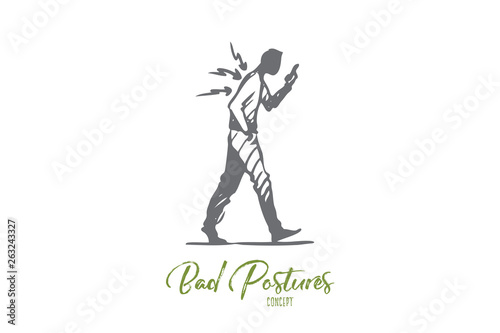 Posture, bad, spine, phone, walk concept. Hand drawn isolated vector.