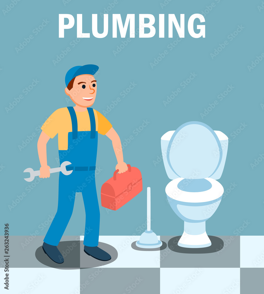 Obraz premium Male Plumber Cartoon Character with Wrench Tool