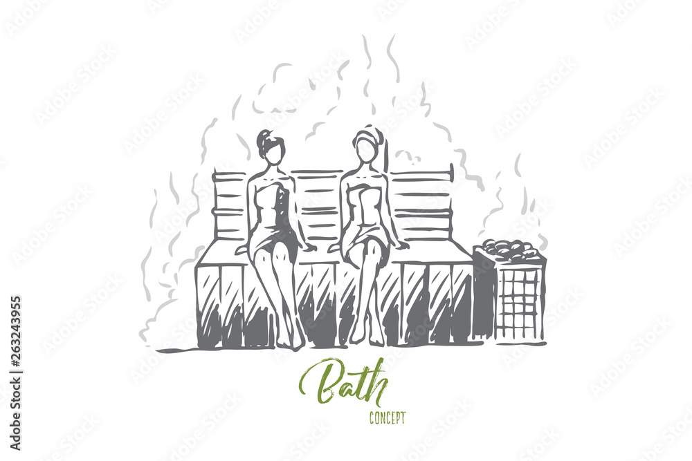 Fototapeta premium Sauna, Finnish, leisure, hot, spa concept. Hand drawn isolated vector.