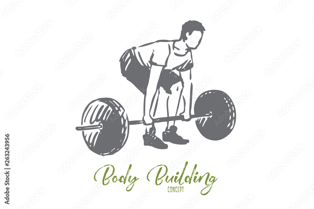 Fototapeta premium Gym, barbell, fitness, man, workout concept. Hand drawn isolated vector.