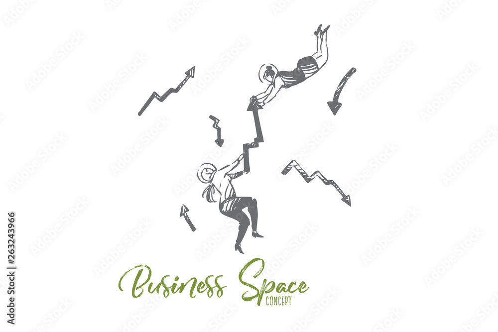 Business, space, suit, arrow, women, fly concept. Hand drawn isolated vector.