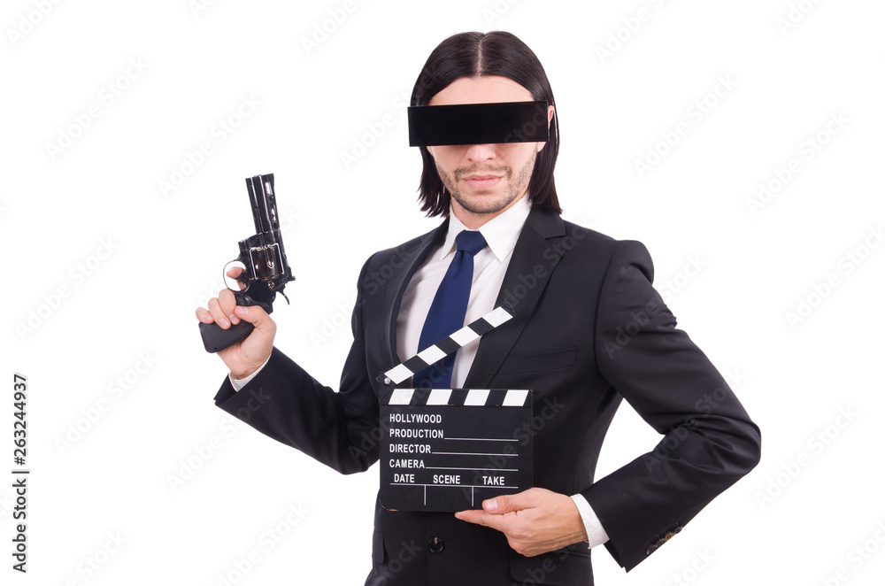 Young man with black face mask on white Young man with black face mask on white