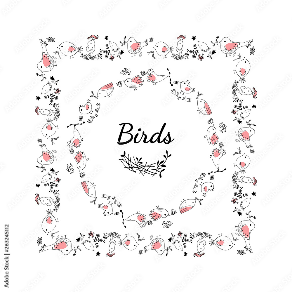 Obraz premium Vector wreath with birds. Illustration in Doodle-style ink
