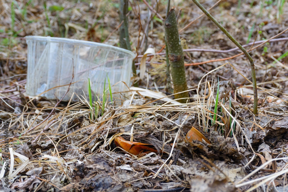 Obraz premium Nature pollution plastic, garbage. Plastic mushrooms. Ecological problems.