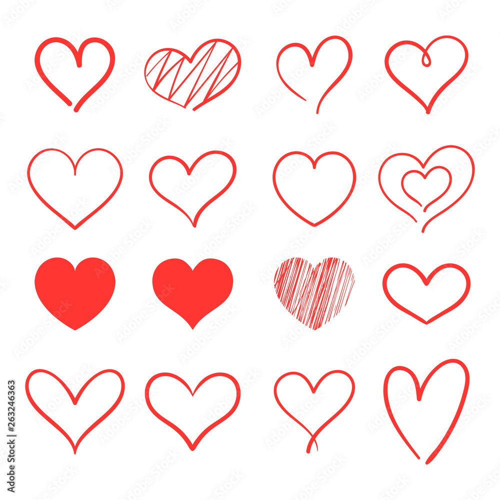Heart hand drawn icons set isolated on white background. For poster, wallpaper and Valentine's day. Collection of hearts, creative art