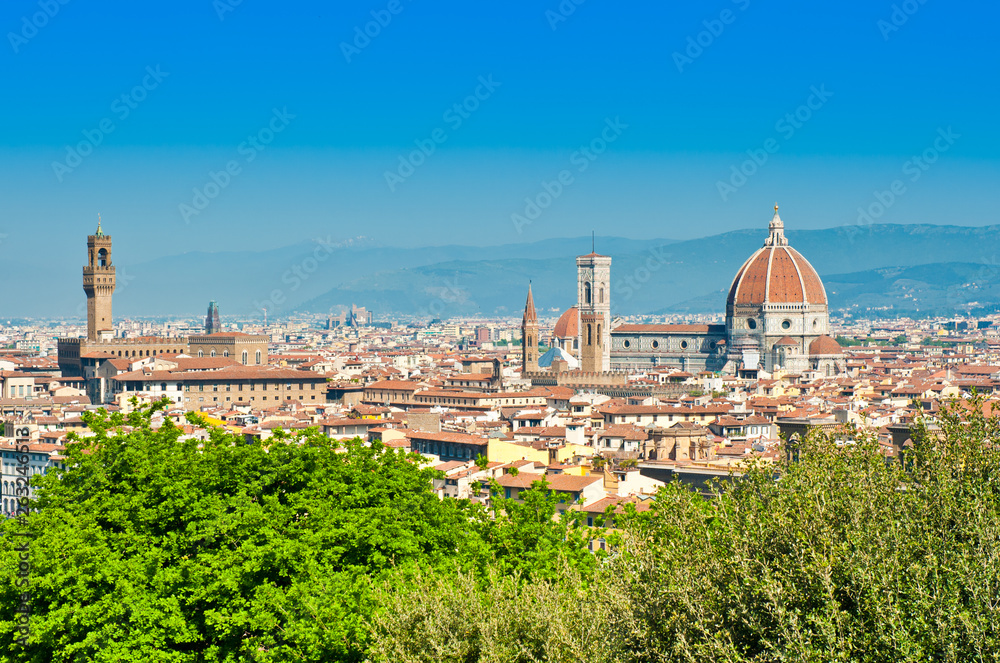 Cathedral of Saint Mary of the Flower (Cattedrale di Santa Maria del Fiore; Il Duomo di Firenze). Cityscape of Florence in spring sunny day. Italy