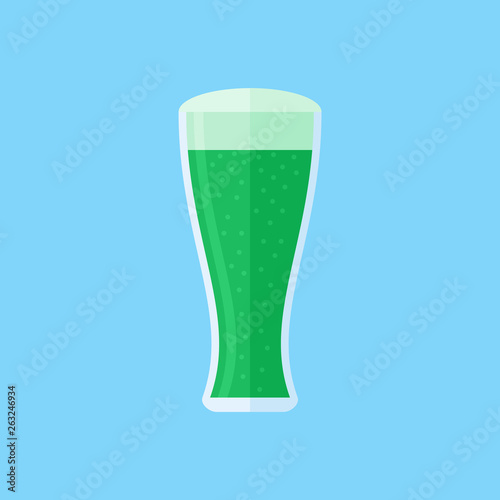 Glass of green beer isolated on blue background. Flat style icon. Vector illustration.