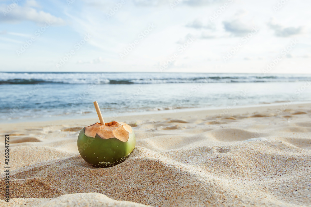 Young coconut on the beach. Summer background Young coconut on the beach. Summer background