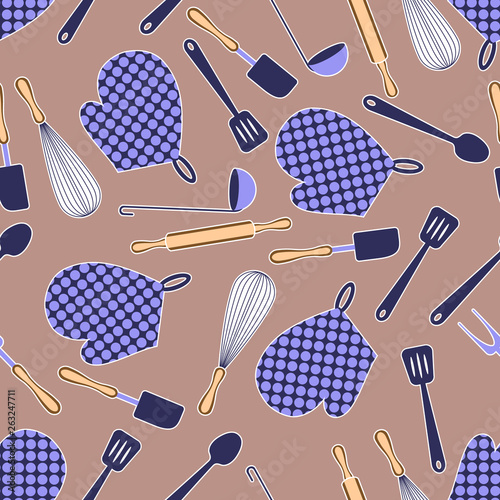 Kitchen supplies seamless pattern on a light brown background