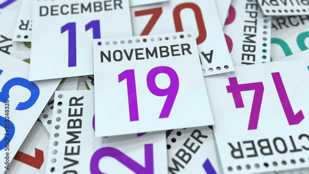 November 19 date on calendar leaf among other leaves, 3D animation November 19 date on calendar leaf among other leaves, 3D animation