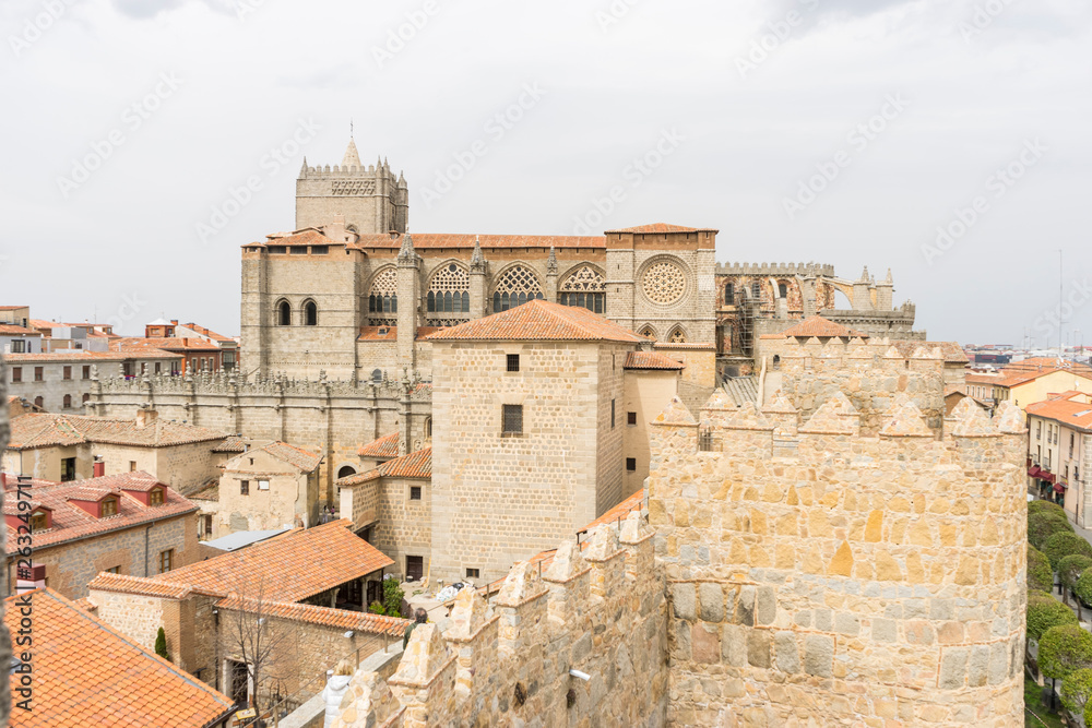 Tourism, Walls of the city of Avila in Castilla y León, Spain. Fortified medieval city