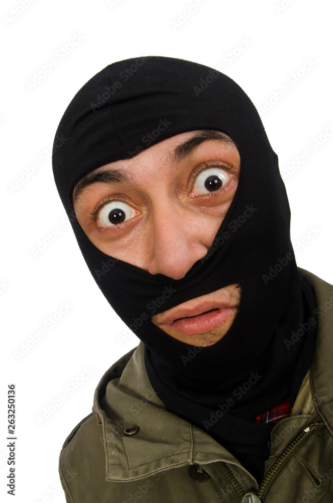 Criminal wearing mask isolated on white Criminal wearing mask isolated on white