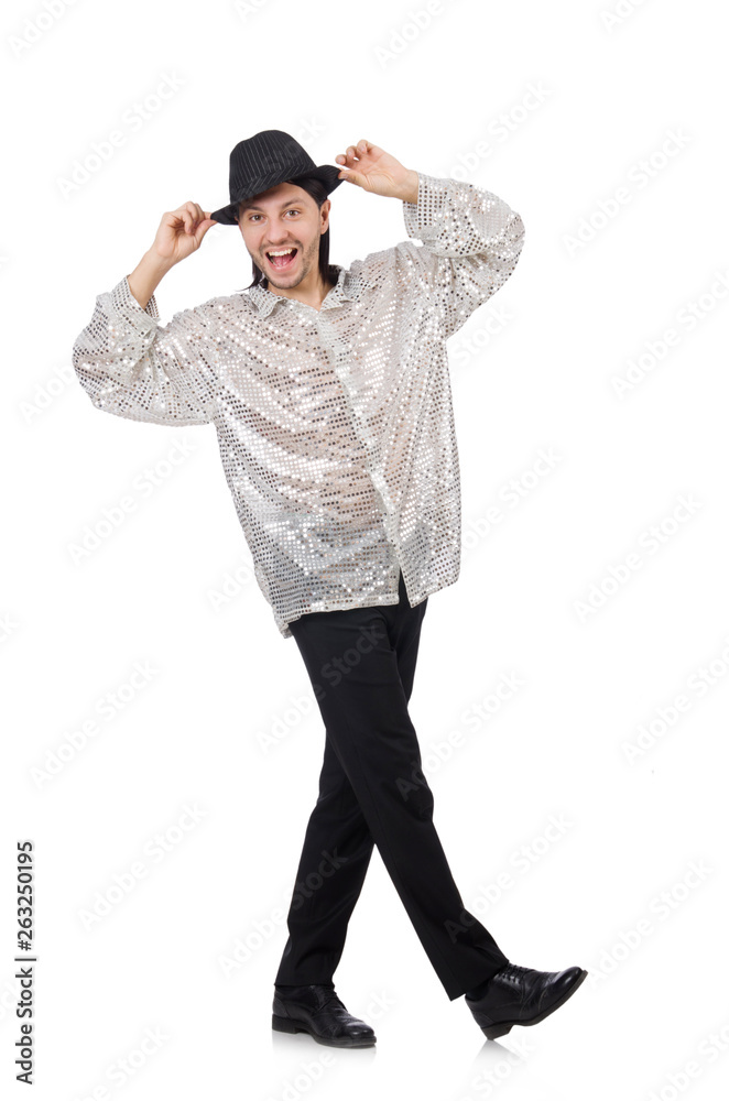 Performer in shiny costume isolated on white Performer in shiny costume isolated on white