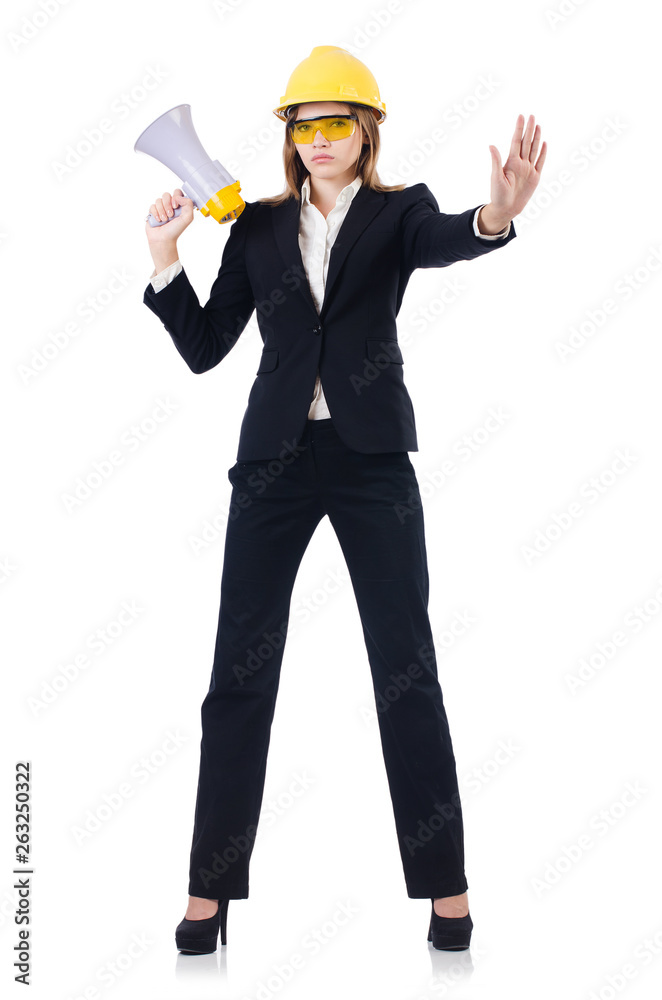 Woman with hard hat isolated on white Woman with hard hat isolated on white