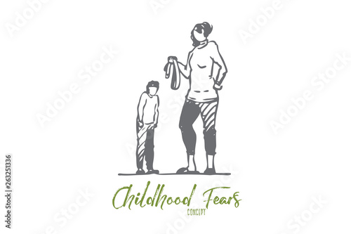 Son, mom, belt, punishment, angry, fear concept. Hand drawn isolated vector.
