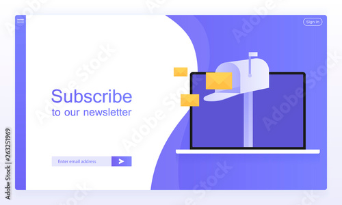 Email subscribe, online newsletter vector template. Laptop with mailbox. Modern vector illustration