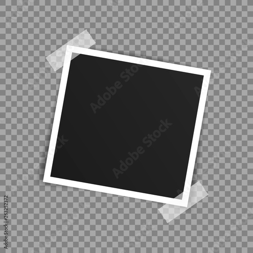 Vector Photo frame mockup design. Photo frame on sticky tape isolated on transparent background. Vector illustration