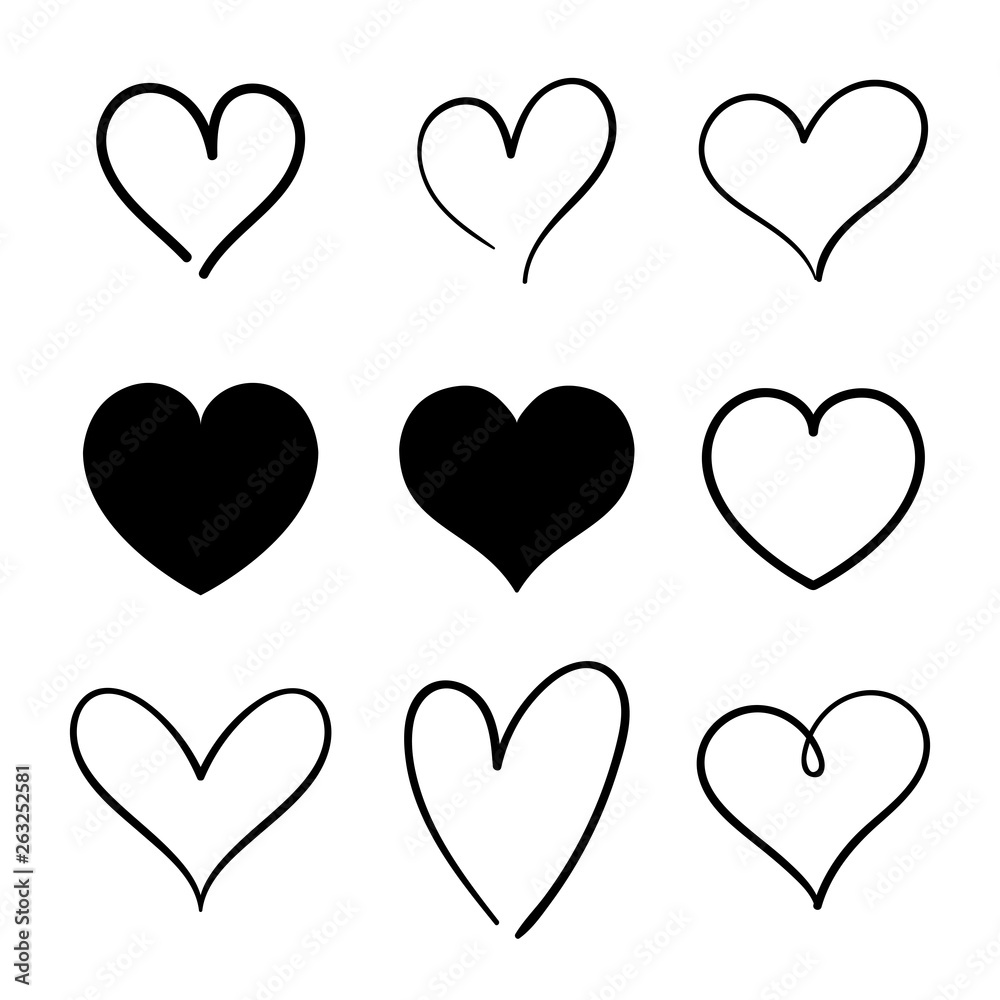 Heart hand drawn icons set isolated on white background. For poster, wallpaper and Valentine's day. Collection of hearts, creative art