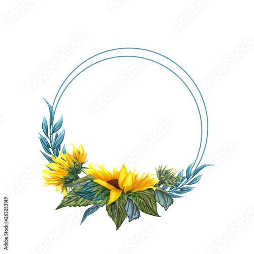 Watercolor floral wreath with sunflowers,leaves, foliage, branches, fern leaves and place for your text.