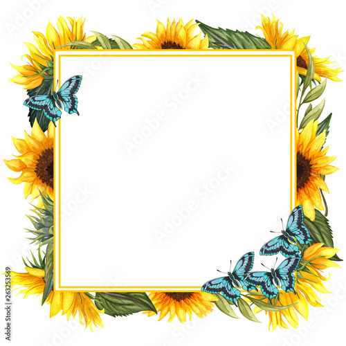 Watercolor floral wreath with sunflowers anf butterflies , leaves, foliage, branches, fern leaves and place for your text.