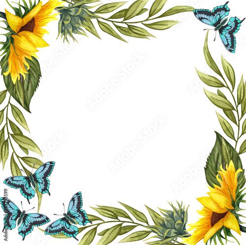 Watercolor floral wreath with sunflowers anf butterflies , leaves, foliage, branches, fern leaves and place for your text.