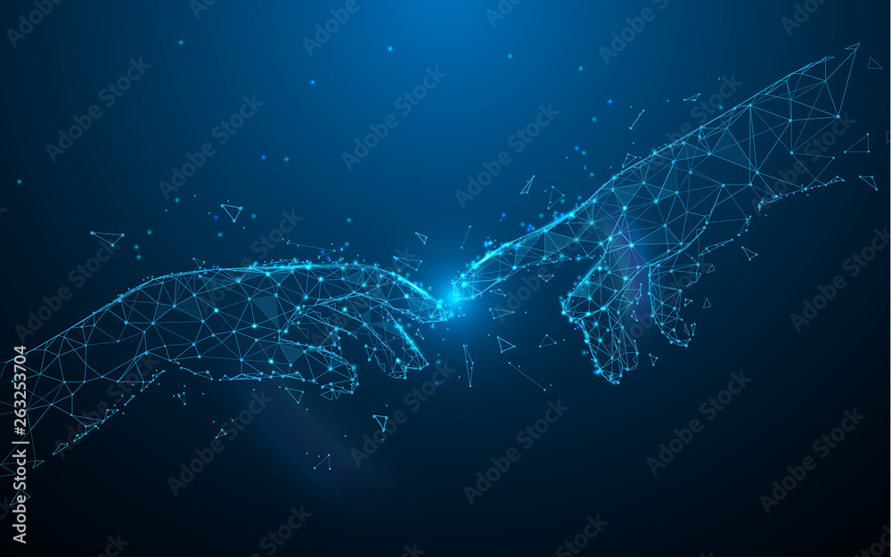 Human hands touching with fingers from lines, triangles and particle style design. Illustration vector