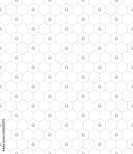Seamless pattern vector. Gray hexagon line and lock symbol on white background pattern, security concept, minimalist style, simple design.
