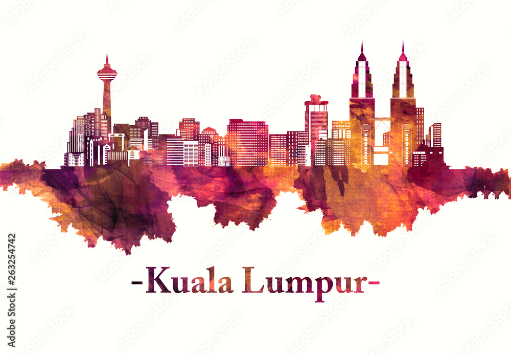 Naklejka premium Kuala Lumpur Malaysia skyline na czerwono