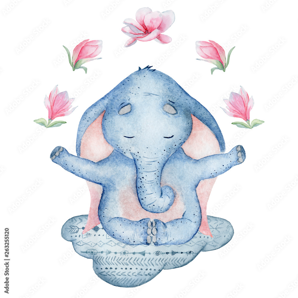 Watercolor yoga elephant in lotus position with flowers on the cloud cute hand drawn illustration