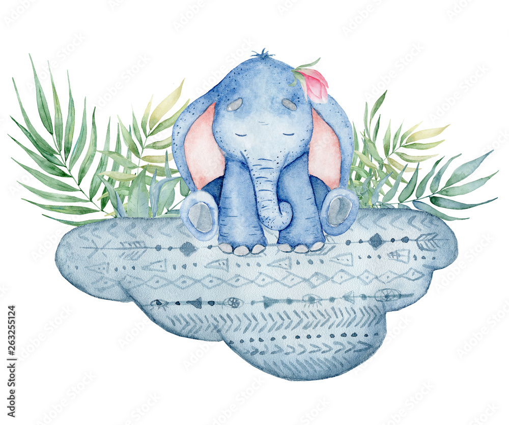 Watercolor cute elephant sitting on the cloud animal illustration