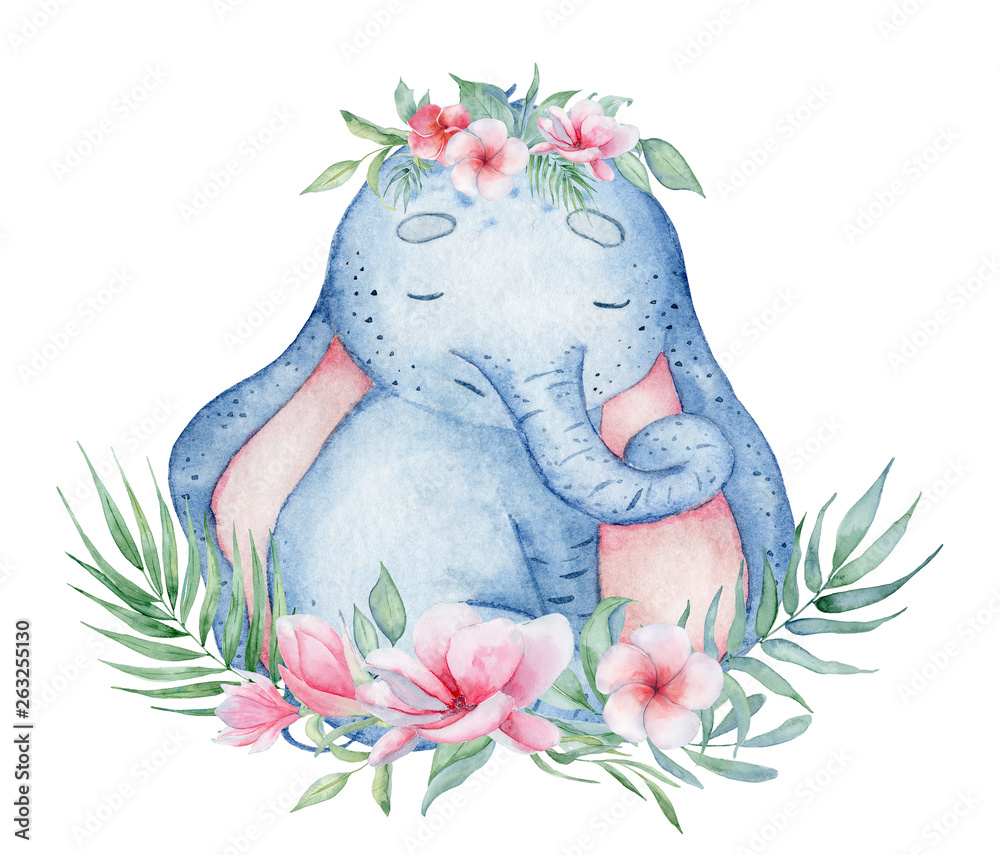 Watercolor cute elephant with floral decor animal illustration