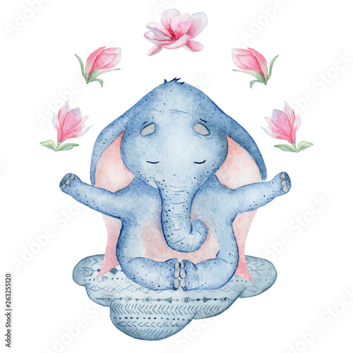 Watercolor yoga elephant in lotus position with flowers on the cloud cute hand drawn illustration © EvgeniiasArt
