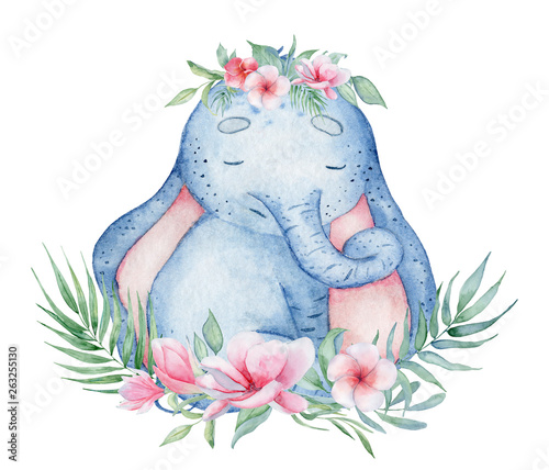 Watercolor cute elephant with floral decor animal illustration © EvgeniiasArt