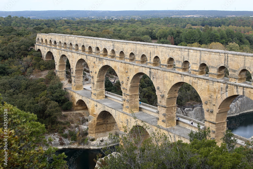 Wide view of the ancient Roman aqueduct bridge (Pont du Gard, France)