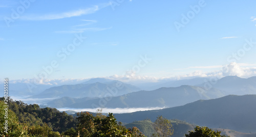 Mountain landscape panorama view and bright blue sky., blue sky background with tiny clouds