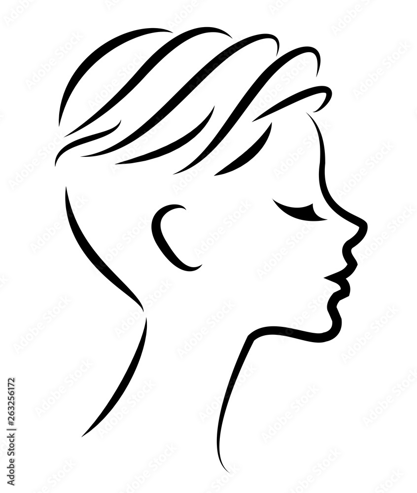 Silhouette of the head of a cute lady. The girl shows the hairstyle bob care with short and medium hair. Suitable for logo, advertising. Vector illustration.
