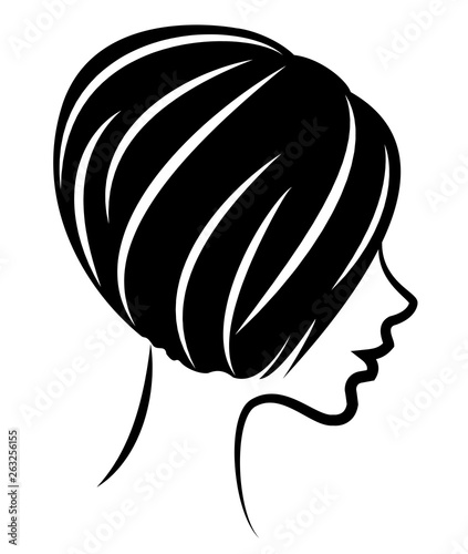 Silhouette of the head of a cute lady. The girl shows the hairstyle bob care with short and medium hair. Suitable for logo, advertising. Vector illustration.