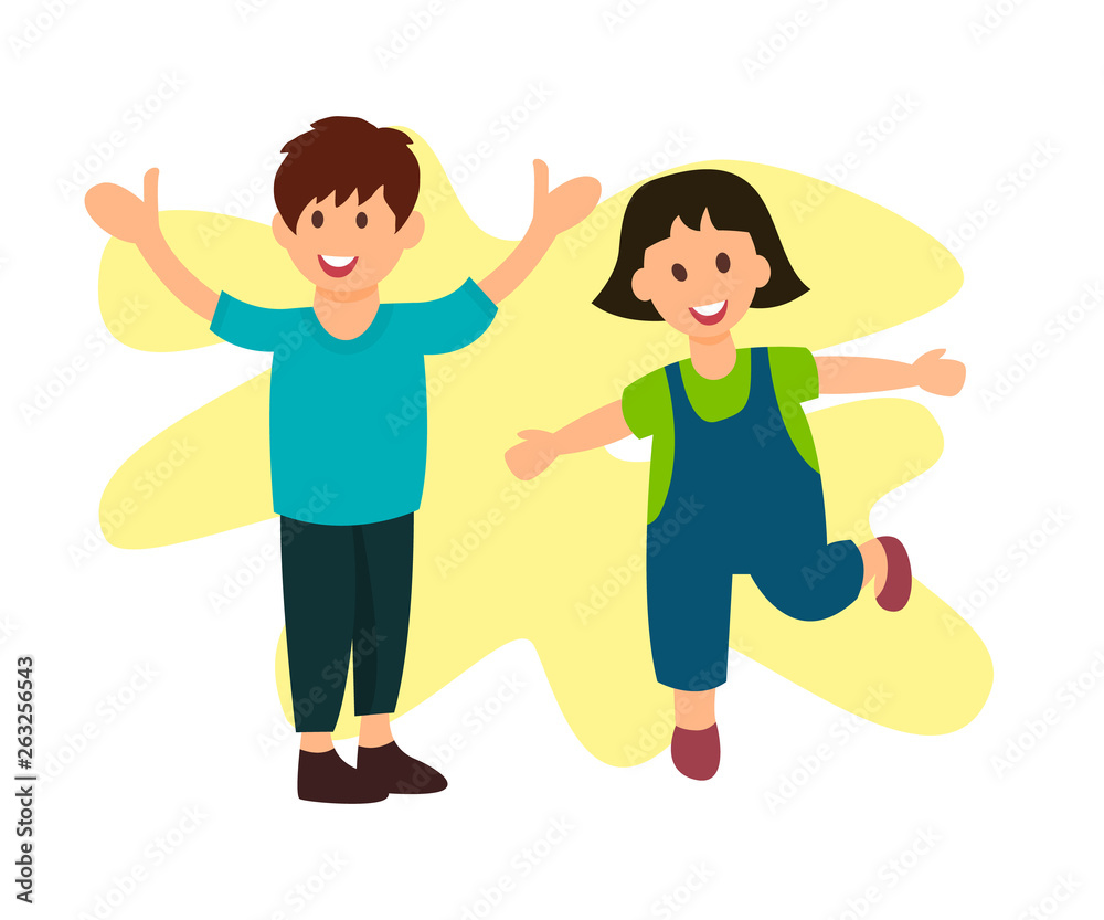 Smiling Brother and Sister Flat Vector Characters