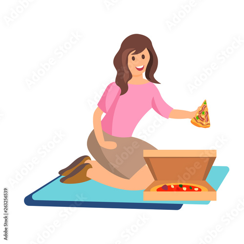 Woman Eating Fast Food on Picnic Flat Illustration