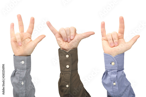 Various gestures of male hands between each other on a white background