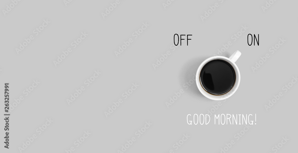 Coffee with power on switch overhead view flat lay Coffee with power on switch overhead view flat lay