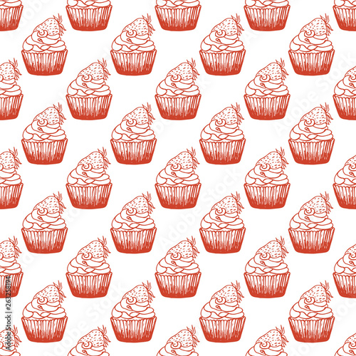 Hand drawn seamless pattern with strawberry cupcake